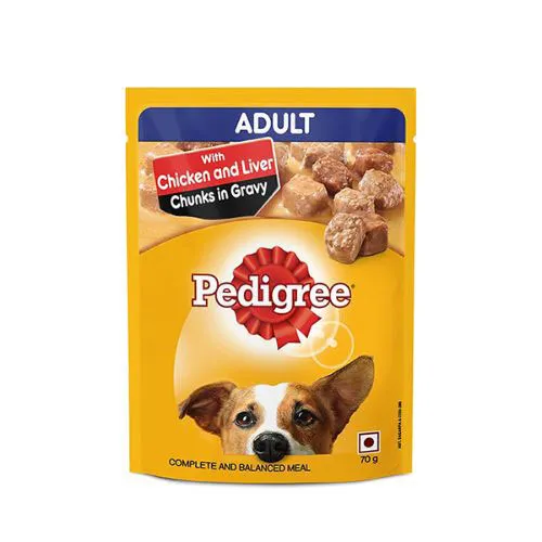 An image of Pedigree Adult Wet Dog Food Chicken Liver Chunks in Gravy Pouch 70g