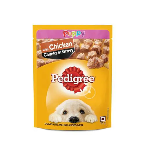 An image of Pedigree Puppy Wet Dog Food Chicken Chunks in Gravy Pouch 70 g