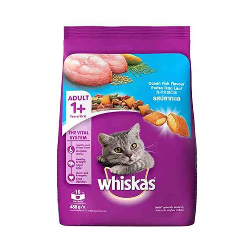 An image of Whiskas Adult 1 year Dry Cat Food Food Ocean Fish Flavour 480g