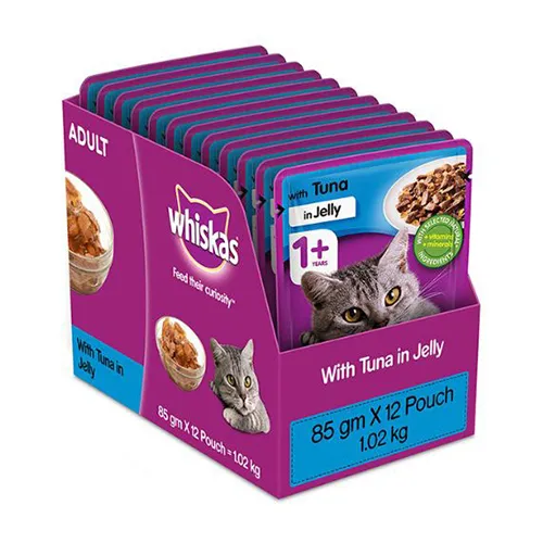 An image of Whiskas Adult 1 year Wet Cat Food Food Tuna in Jelly 12 Pouches 12 x 85g