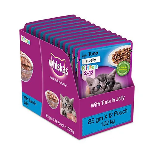 An image of Whiskas Kitten 2 12 months Wet Cat Food Food Tuna in Jelly 12 Pouches 12 x 85g