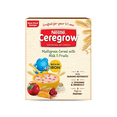 An image of Nestle ceregrow milk and fruits 